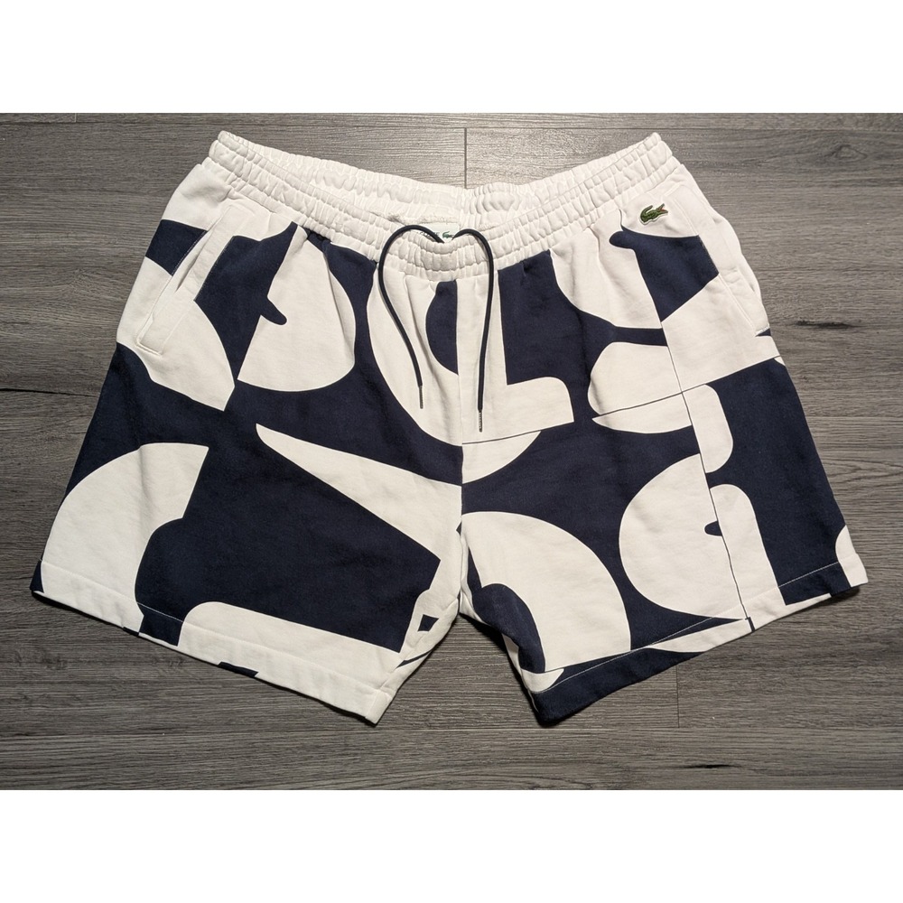Lacoste Men's Navy Blue White Heritage Graphic Print  Fleece Shorts Size 3XL FR8